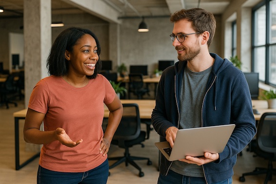 Colleagues discussing work in an office